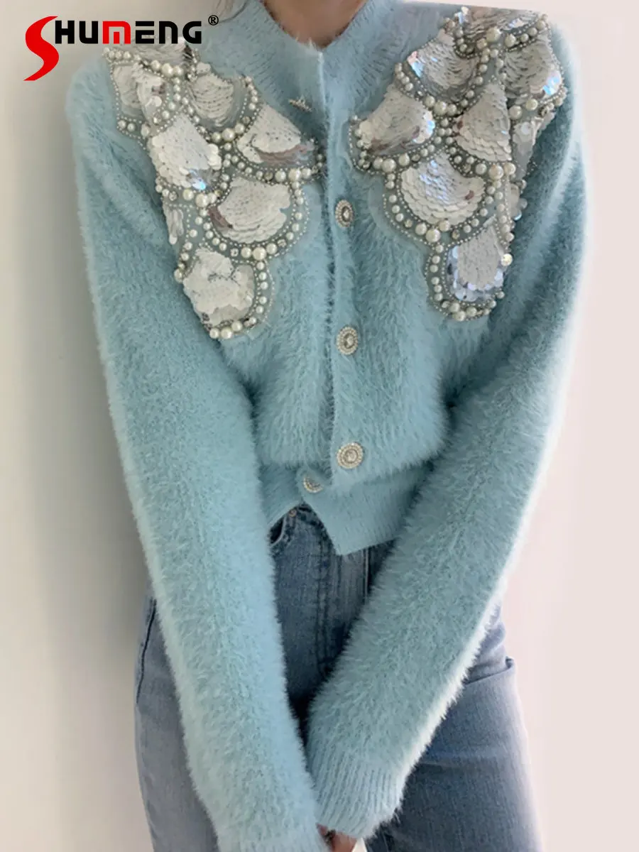Autumn Winter Round Neck Heavy Beads Sequined Knitted Sweater Female Temperament Single Breasted Mink Fur Cardigan Sweater Top
Autumn Winter Round Neck Heavy Beads Sequined Knitted Sweater Female Temperament Single Breasted Mink Fur Cardigan Sweater Top