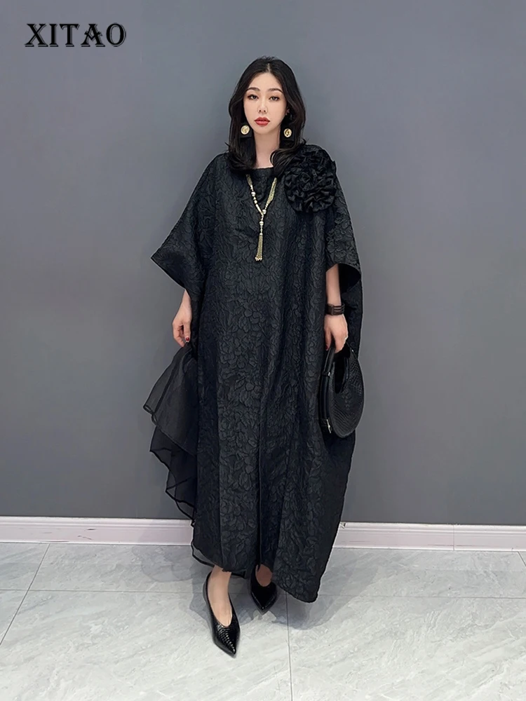 XITAO Black Irregular Dress Personality Three-dimensional Flower Splicing Mesh Ornament New Bat Wing Sleeve Dress WLD11164 
XITAO Black Irregular Dress Personality Three-dimensional Flower Splicing Mesh Ornament New Bat Wing Sleeve Dress WLD11164
