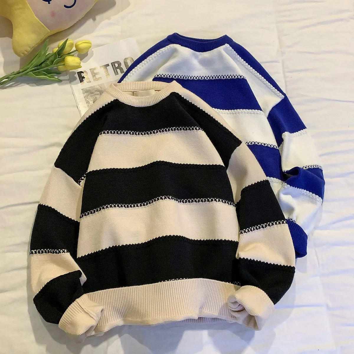Winter Mens Sweater Striped Pullover Knitwear Basic Style Color Blocking Fashion Chic Long Sleeves Casual Loose Fit Men Clothing
Winter Mens Sweater Striped Pullover Knitwear Basic Style Color Blocking Fashion Chic Long Sleeves Casual Loose Fit Men Clothing