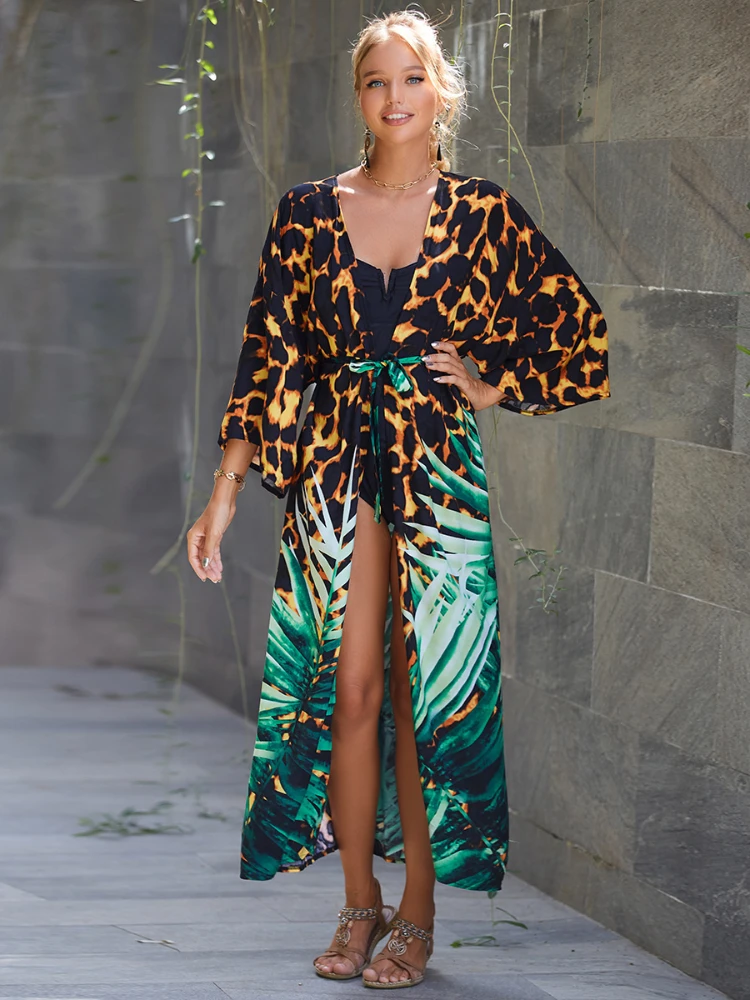 

Beach Cover Ups Women Kimonos Swimsuit Cape Bohemian Printed Wrap Dresses Self Belt Tunic 2023 Bathing Suits Pareo Dropshipping