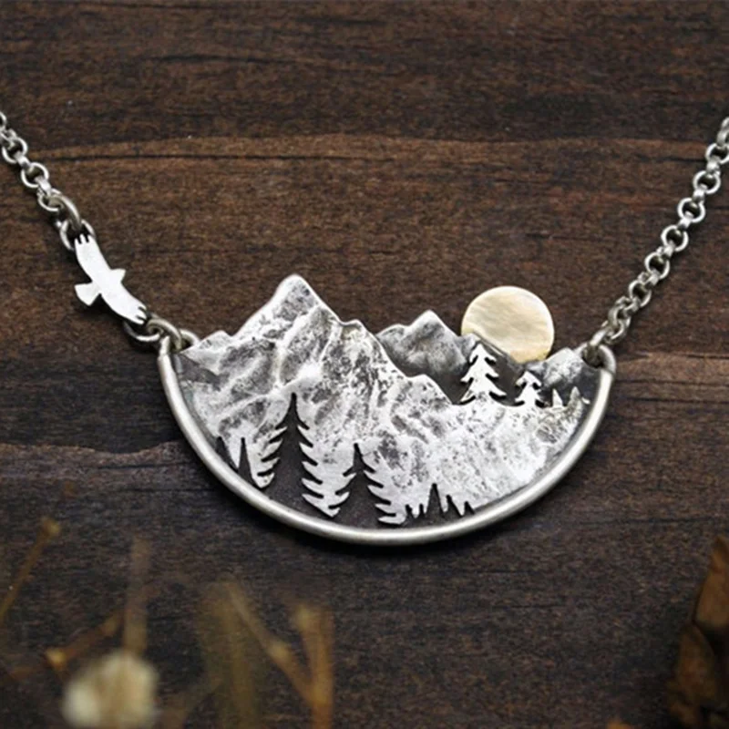 Adventure Awaits Mountain Landscape Necklace Gold Color Sun Flying Bird and Pine Trees Pendant Necklaces Women Fashion Jewelry
Adventure Awaits Mountain Landscape Necklace Gold Color Sun Flying Bird and Pine Trees Pendant Necklaces Women Fashion Jewelry