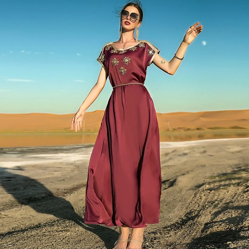 

Vintage Ethnic Maxi Dress Women Satin Burgundy Ribbon Trim Short Sleeve Diamond Floral Loose Belted Arab Dubai Moroccan Caftan