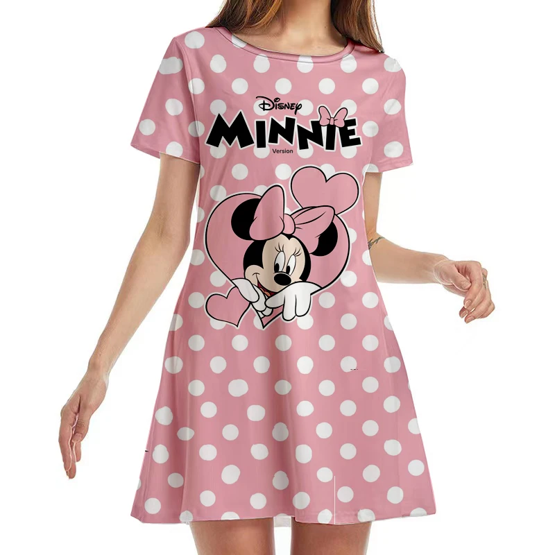 

New Disney Minnie Mouse Anime Print Summer 2022 Ladies Sexy Round Neck Boho Beach Dress Ruffle Short Sleeve Mini Dress Y2K