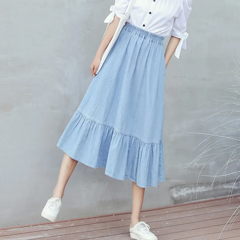 Women Light Blue Ruffles Elastic Waist College Style Denim Skirts Trendy Spring Elegant Sweet High Waist Female Mid-length Skirt
Women Light Blue Ruffles Elastic Waist College Style Denim Skirts Trendy Spring Elegant Sweet High Waist Female Mid-length Skirt