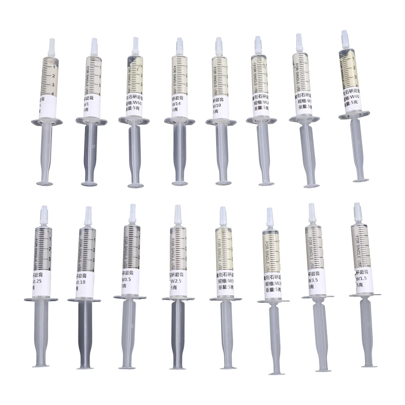 16x W0.18-W60 Diamond Polishing Lapping Pastes Water/Oil Solubility Compound Syringes for Metal Jewelry Glass Polishing
16x W0.18-W60 Diamond Polishing Lapping Pastes Water/Oil Solubility Compound Syringes for Metal Jewelry Glass Polishing