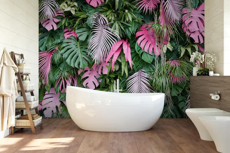 Green Tropical Removable Wall Mural - Peel and Stick Pink Exotic Wallpaper - Monstera Palm Leaf Self Adhesive Print Wall Decal C
Green Tropical Removable Wall Mural - Peel and Stick Pink Exotic Wallpaper - Monstera Palm Leaf Self Adhesive Print Wall Decal C