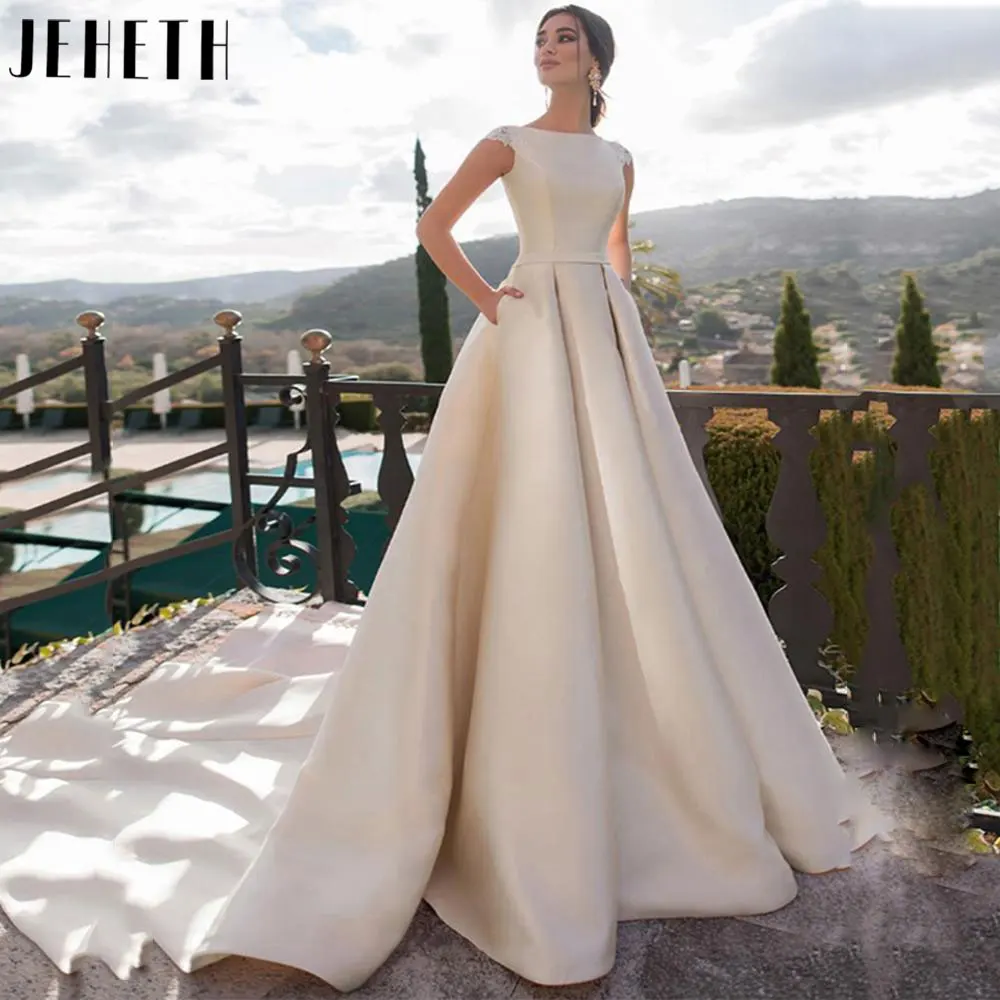 

JEHETH Charming A-Line Satin Wedding Dress Romantic Cap Sleeves Bridal Gowns Appliques Boat Neck Vestidos De Novia Custom Made