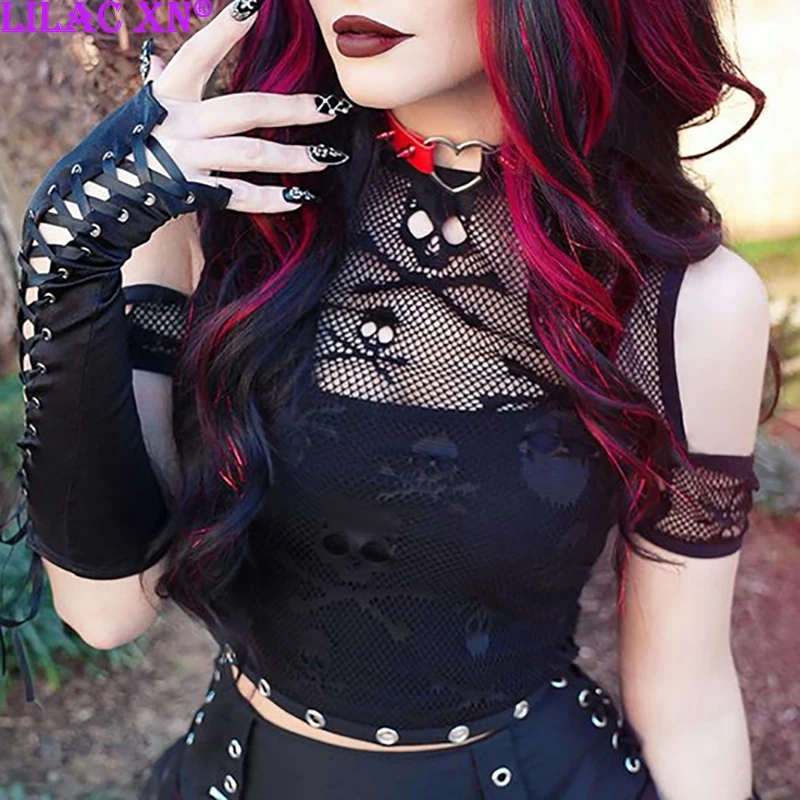 Gothic Skull Print Hollow Out Crop Tops Y2K Vintage Black Mesh Short Sleeve Off Shoulder T-Shirts Women Summer Tees Streetwear
Gothic Skull Print Hollow Out Crop Tops Y2K Vintage Black Mesh Short Sleeve Off Shoulder T-Shirts Women Summer Tees Streetwear