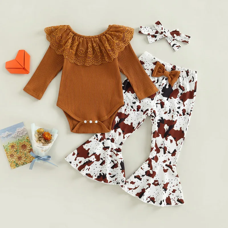Infant Baby Girl Clothes Autumn Winter Pant Sets Solid Color Long Sleeve Lace Ruffled Jumpsuit Cow Spot Flare Trousers Headband
Infant Baby Girl Clothes Autumn Winter Pant Sets Solid Color Long Sleeve Lace Ruffled Jumpsuit Cow Spot Flare Trousers Headband