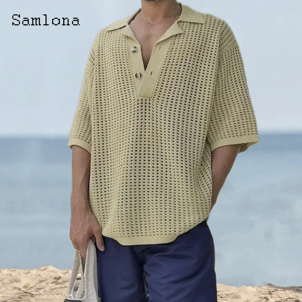 Sexy Hollow Out Polo Shirts Men Turn-down Collar Tops Hommes Half Sleeve Knitted Pullovers Mens Casual Beach Shirt Clothing 2023
Sexy Hollow Out Polo Shirts Men Turn-down Collar Tops Hommes Half Sleeve Knitted Pullovers Mens Casual Beach Shirt Clothing 2023