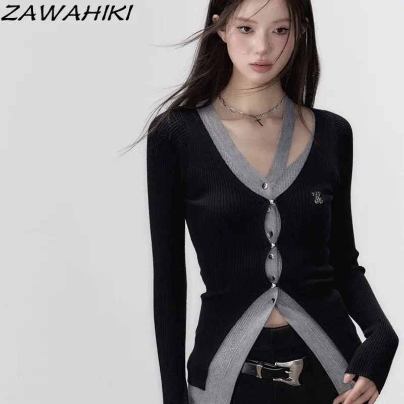 Женский трикотажный кардиган с длинным рукавом, Элегантный яркий контрастный кардиган с имитацией двух предметов, асимметричный дизайн, Y2K, осень
Женский трикотажный кардиган с длинным рукавом, Элегантный яркий контрастный кардиган с имитацией двух предметов, асимметричный дизайн, Y2K, осень