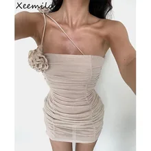 Xeemilo Elegant Pretty Pleated Backless Dress Sexy Flower Applique Spaghetti Straps Dresses 2023 Evening Party Womens Dresses