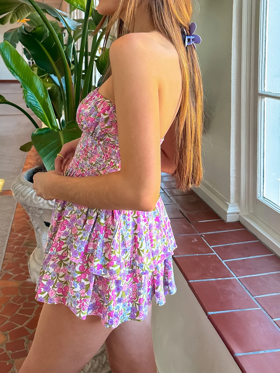 

Women Summer Ruffle Floral Strapless Mini Dress Y2k Casual Layered Slim Fit Short Dress Flowy Boho Beach Sundress A-pink