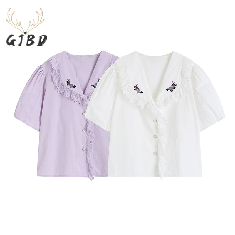 Women French Shirts Doll Collar Lace Edge Embroidery Puff Short Sleeve Casual Fashion Vintage Baggy Ladies Blouse Tops Summer
Women French Shirts Doll Collar Lace Edge Embroidery Puff Short Sleeve Casual Fashion Vintage Baggy Ladies Blouse Tops Summer