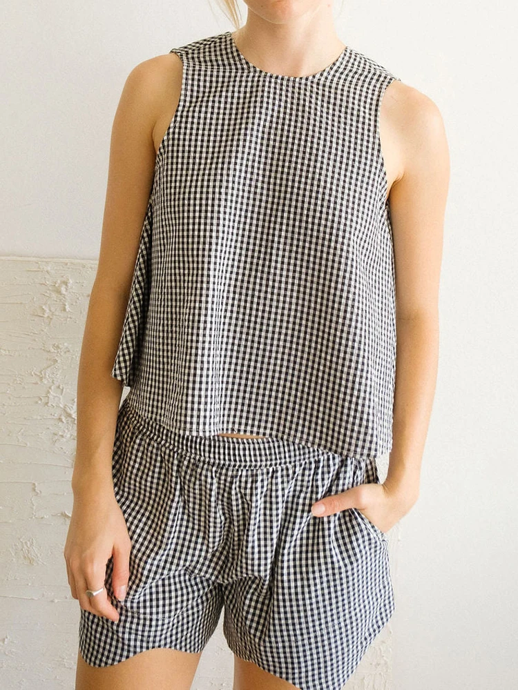 Linad Plaid Pajamas For Women 2 Piece Sets Backless O Neck Sleeveless Sleepwear Female Casual Suits With Shorts Summer 2023
Linad Plaid Pajamas For Women 2 Piece Sets Backless O Neck Sleeveless Sleepwear Female Casual Suits With Shorts Summer 2023