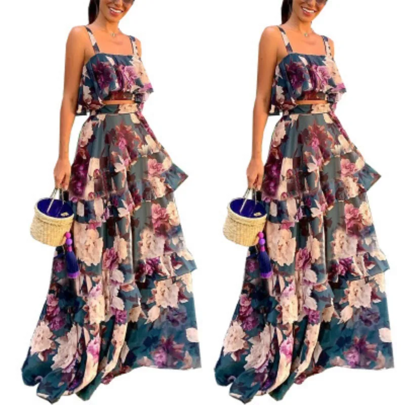 European and American women's chiffon long skirt printed slip top + ruffle long skirt set
European and American women's chiffon long skirt printed slip top + ruffle long skirt set