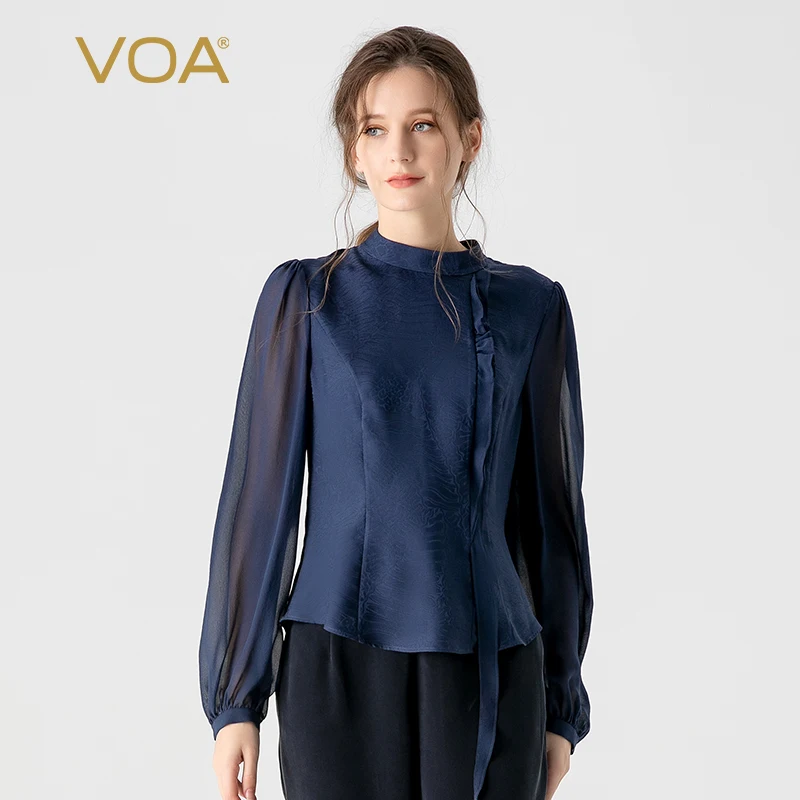 (Fans Exclusive Discount) VOA Silk Jacquard Navy Half High Collar Shirt Sleeve Loose Curved Hem Straight T-shirt Women BE1328
(Fans Exclusive Discount) VOA Silk Jacquard Navy Half High Collar Shirt Sleeve Loose Curved Hem Straight T-shirt Women BE1328