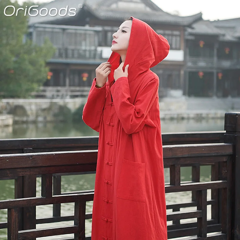 

OriGoods Women Hooded Long Coats Cotton Loose Spring Autumn Long Robe Witch Wizard Robe Women Red Black Novelty Outwear B230