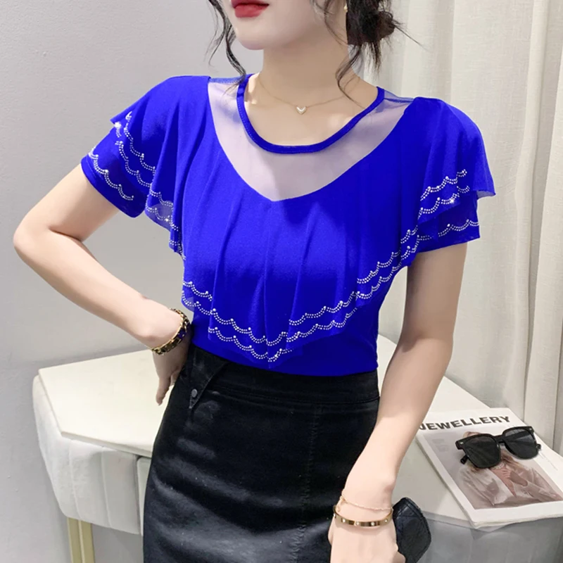 Summer Ruffles Tee T-Shirts Woman's Short Sleeve Fake Diamonds Mesh O Neck Tshirt Female Elegant Slim Tops BH6061
Summer Ruffles Tee T-Shirts Woman's Short Sleeve Fake Diamonds Mesh O Neck Tshirt Female Elegant Slim Tops BH6061