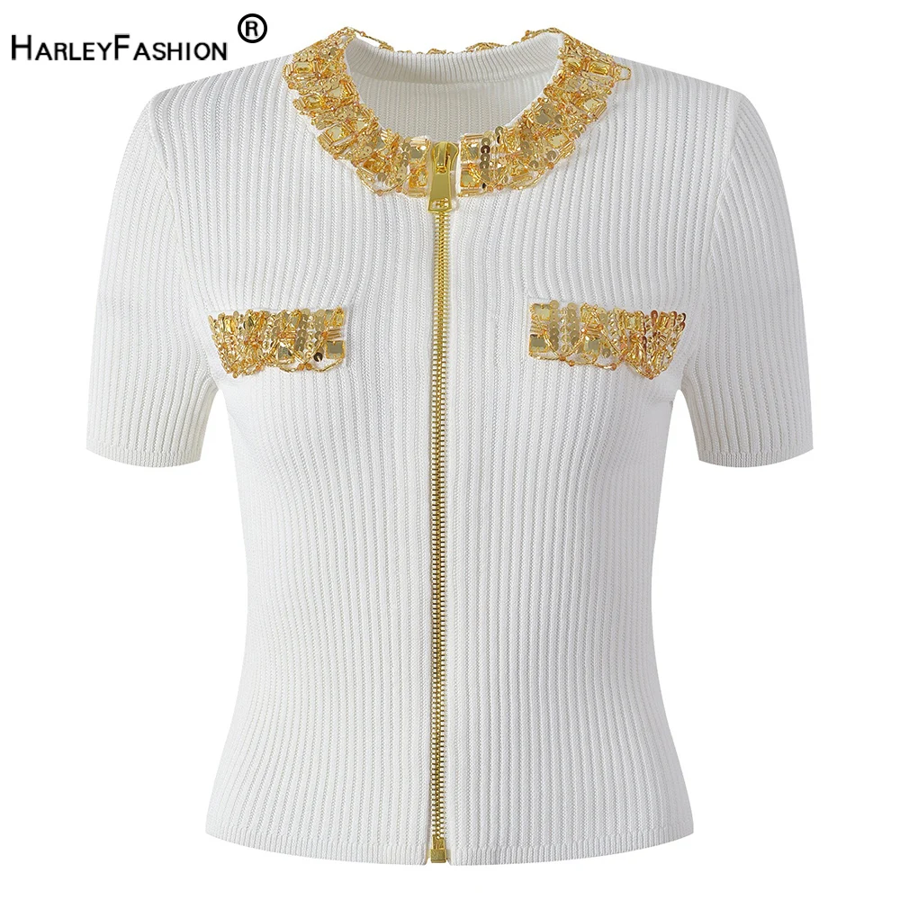 3 Colors Black/White/Khaki Beading Stones Collars Short Sleeve Zipper Luxury Designed Women Knitted Chic Summer Sweater Tops
3 Colors Black/White/Khaki Beading Stones Collars Short Sleeve Zipper Luxury Designed Women Knitted Chic Summer Sweater Tops