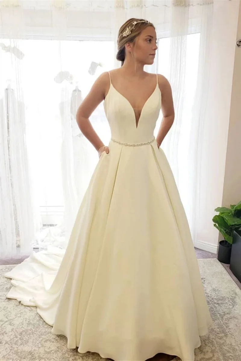Sexy A Line Wedding Dresses with Pockets Beaded Sash Ladies Special Party Wear Gowns Buttons Backless Bride Robe De Marrige
Sexy A Line Wedding Dresses with Pockets Beaded Sash Ladies Special Party Wear Gowns Buttons Backless Bride Robe De Marrige