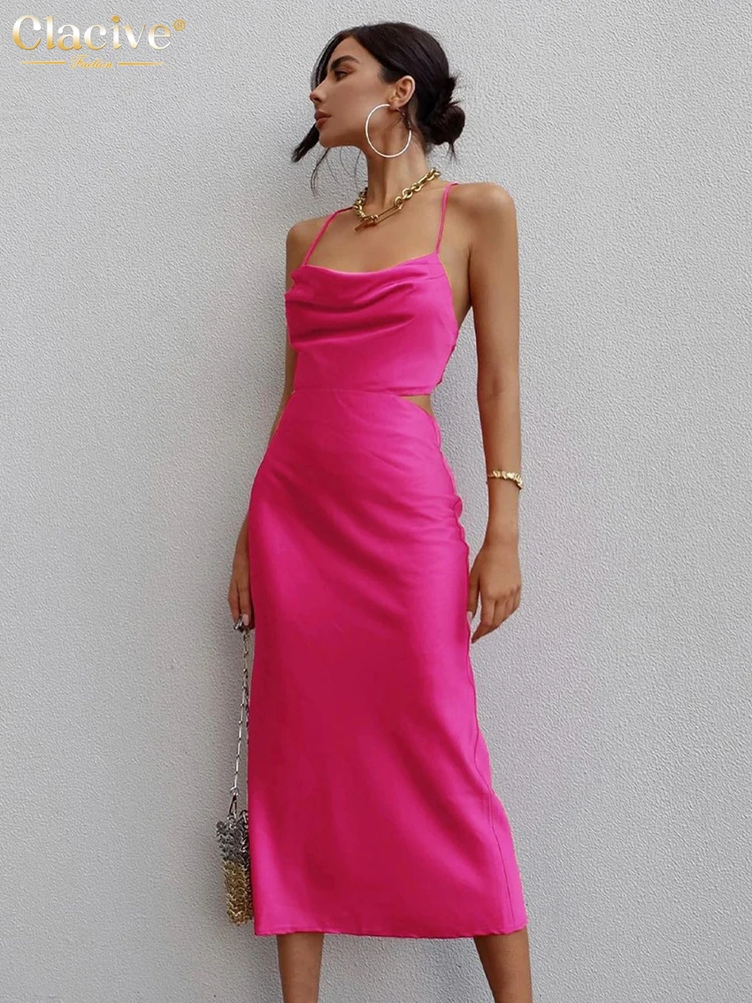Clacive Sexy Strap Pink Satin Dress Ladies Summer Bodycon Sleeveless Midi Dress Elegant Lace-up Backless Dresses For Women 2022 
Clacive Sexy Strap Pink Satin Dress Ladies Summer Bodycon Sleeveless Midi Dress Elegant Lace-up Backless Dresses For Women 2022
