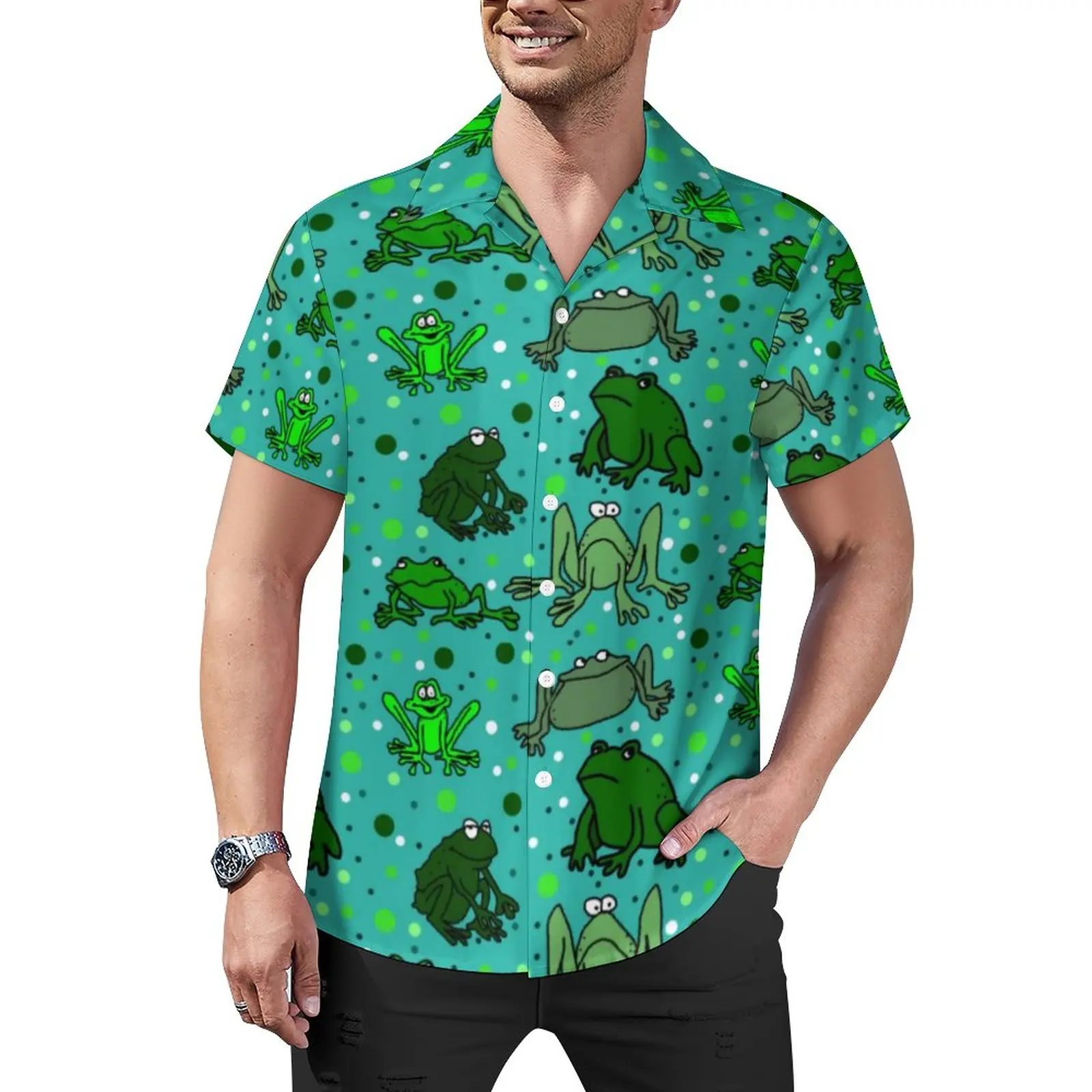 

Рубашка мужская с забавным принтом, повседневная Гавайская модная блузка для отпуска, с мультяшным принтом лягушки, большие размеры 3XL 4XL