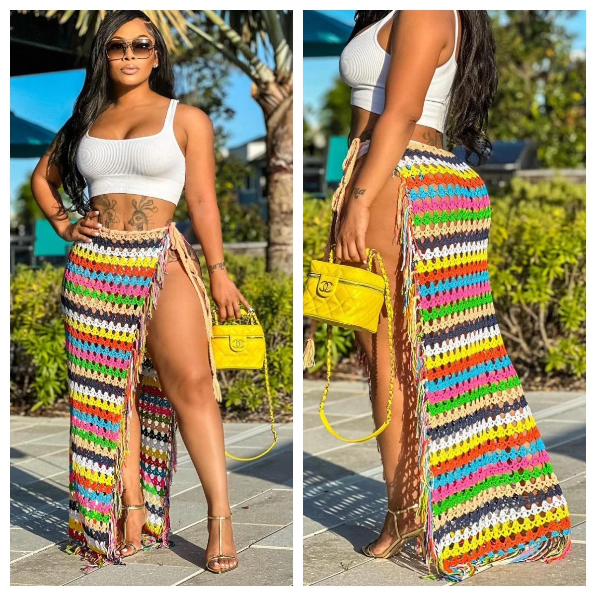 Women Beach Holiday Rainbow Striped Long Skirt Knit Ribbed Bowknot Waist High Side Slit Tassel Hem Maxi Long Straight Skirt 2023
Women Beach Holiday Rainbow Striped Long Skirt Knit Ribbed Bowknot Waist High Side Slit Tassel Hem Maxi Long Straight Skirt 2023