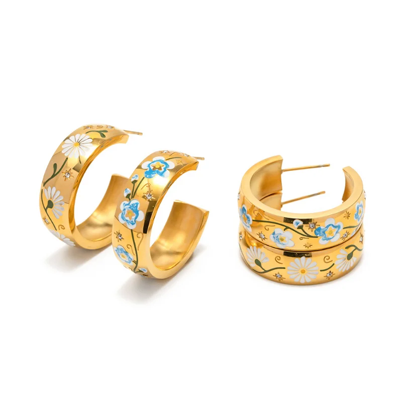 

Minar Charming White Blue Color Enamel Daisies Flower Hoop Earrings for Women 18K Gold PVD Plated 316L Stainless Steel Earring