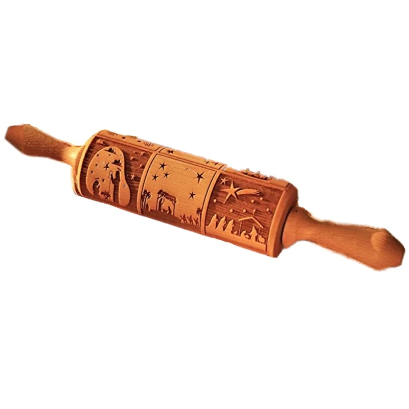 

Nativity Pattern Xmas Christmas Wooden Embossing Rolling Pin With 9 Different Scene For Baking Embossed Cookies