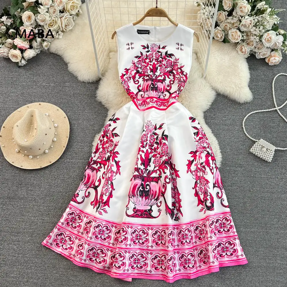 Summer Women Vintage Print Sleeveless Tank A-line Long Dress Ladies O-neck High Waist Pink High Grade Designer Party Dress 2023
Summer Women Vintage Print Sleeveless Tank A-line Long Dress Ladies O-neck High Waist Pink High Grade Designer Party Dress 2023