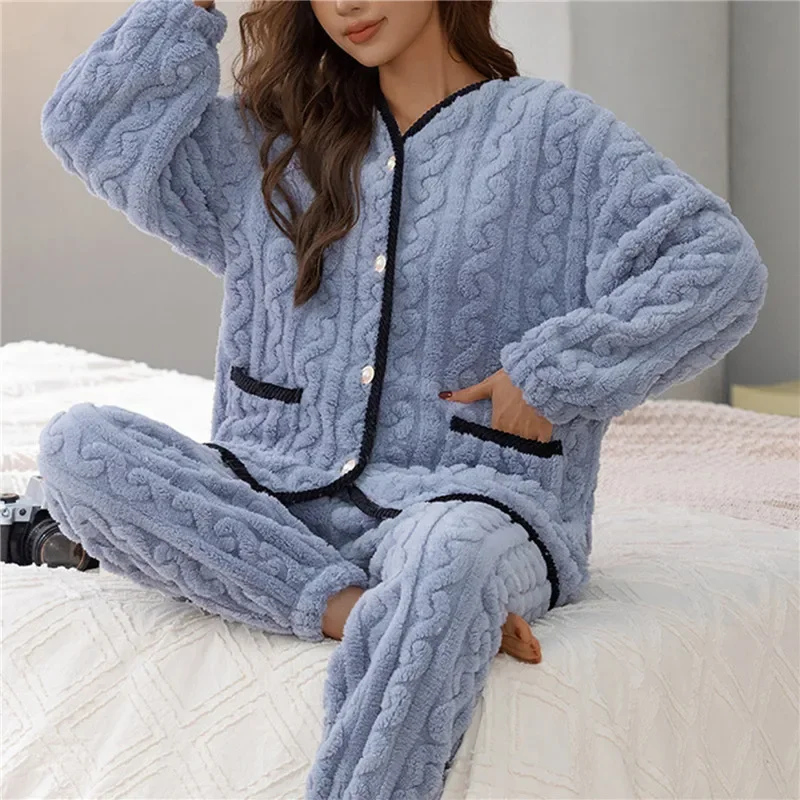 

Зимние теплые фланелевые женские пижамные комплекты, толстые бархатные пижамы с длинным рукавом кораллового цвета, одежда для сна для отдыха для женщин, ночное белье