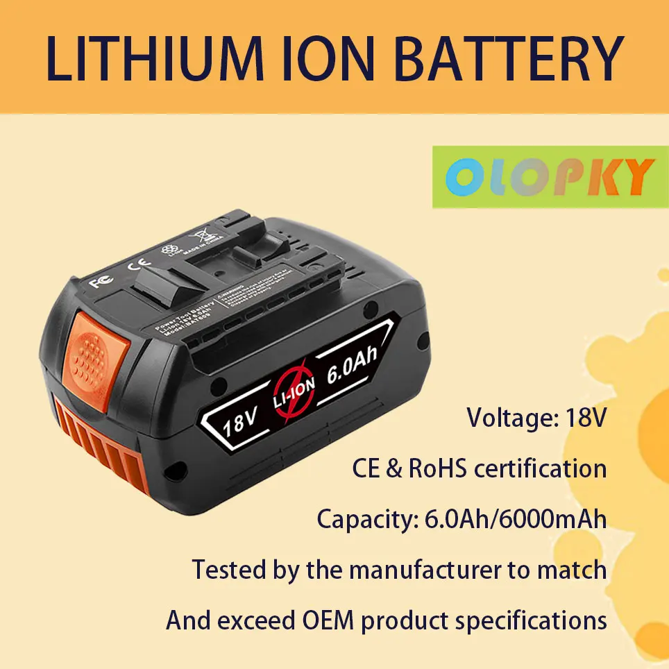 2021 Battery 18V 6000mAh lithium battery replacement Bosch 18V 17618-01, 24618-01, 25618, 26618, cordless power tool battery
2021 Battery 18V 6000mAh lithium battery replacement Bosch 18V 17618-01, 24618-01, 25618, 26618, cordless power tool battery