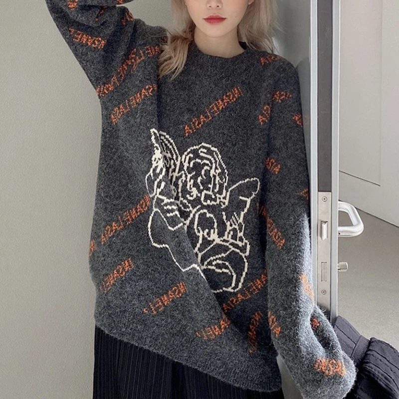 Women Retro Lazy Pullover Trendy Round Neck Fashion Sweater 2021 Streetwear Female Angel Pattern Loose Knitted Sweater Winter
Women Retro Lazy Pullover Trendy Round Neck Fashion Sweater 2021 Streetwear Female Angel Pattern Loose Knitted Sweater Winter