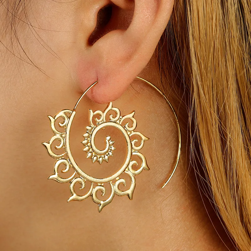 

Vintage Ethnic Pattern Indian Dangle Earrings for Women Auspicious Cloud Leaf Heart Boho Spiral Swirl Hoops Retro Jewelry Gift