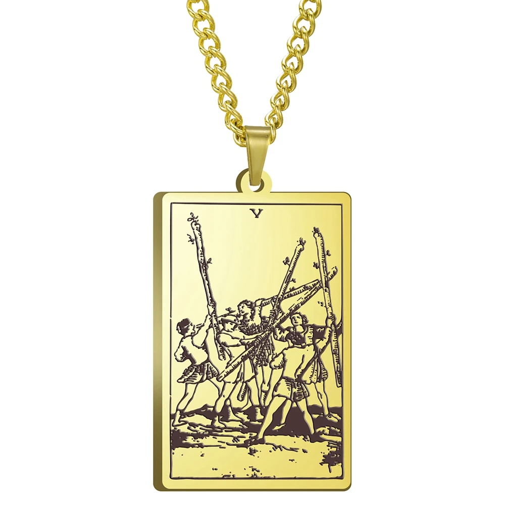 Stainless Steel Jewelry Black Color Gold Color Steel Color 24x40mm Tarot Five Of Wands Pendant Necklace With 60cm Link Chain
Stainless Steel Jewelry Black Color Gold Color Steel Color 24x40mm Tarot Five Of Wands Pendant Necklace With 60cm Link Chain