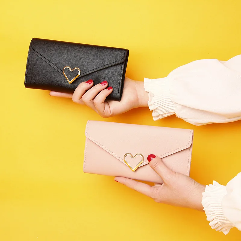 

New Women's Wallet Long Style Heart Shaped Buckle Zero Purse Fashion Bank Card Holder Lady Mini Clutches Large Money Clip Senior