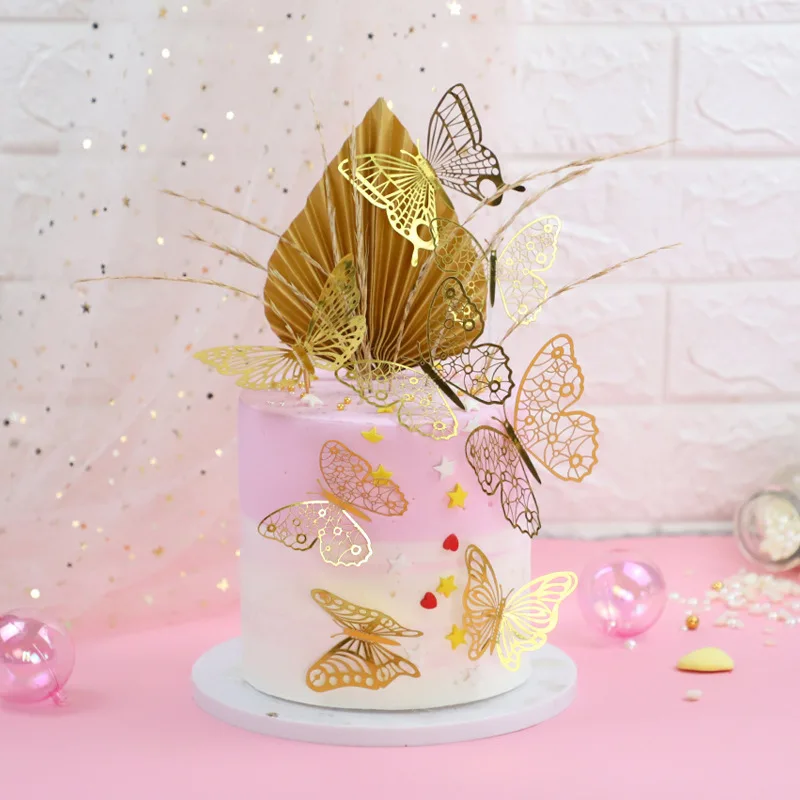 

12Pcs Artificial Butterfly Happy Birthday Cake Topper Gold 3D Butterflies Cupcake Toppers For Wedding Party Baking Dessert Decor