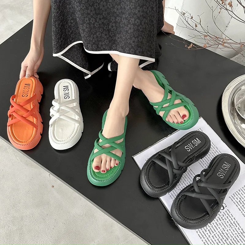 

Сланцы женские на платформе, мягкие кроссовки из искусственной кожи, на каблуке-копытце, резиновая базовая обувь, римская ткань, 2023