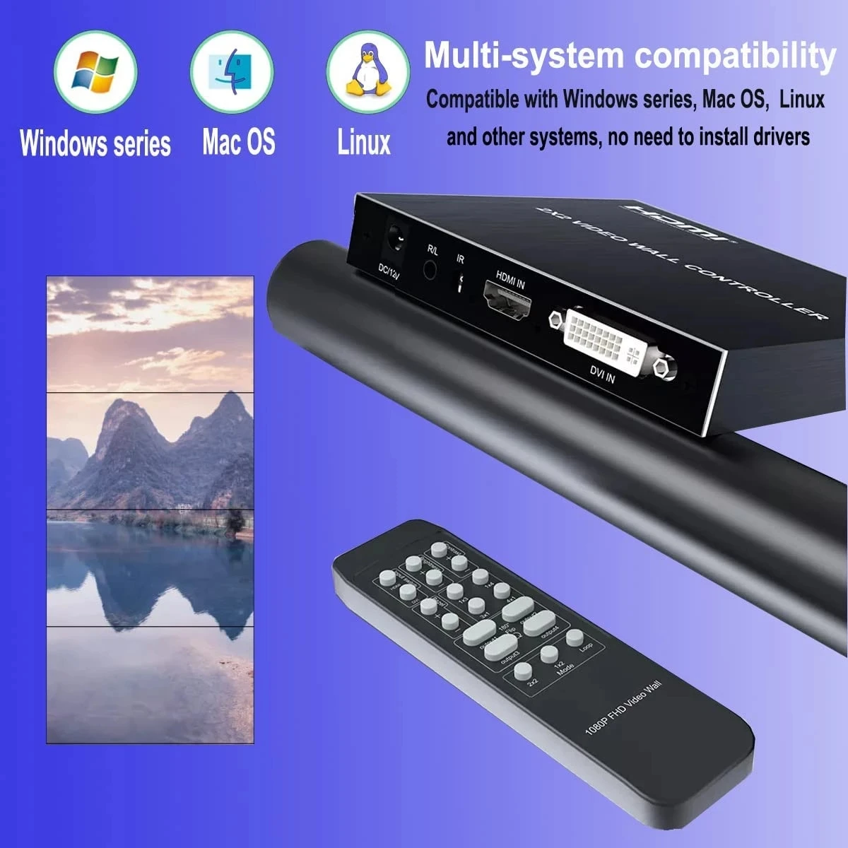 2x2 Video Wall Controller 1X3 1X4 3X1 4X1 1080P Display Screen Stitching Processor TV Player Edge Adjustment |