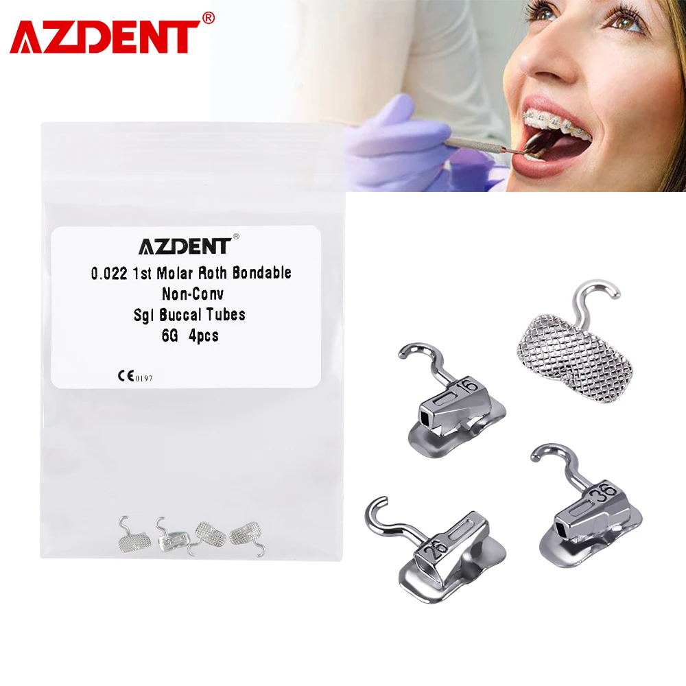 

AZDENT 4 Pcs Dental Orthodontic 1st Molar Buccal Tube with Sliding Crimpable Hook Non-convertible Single Bondable Roth/MBT 0.022