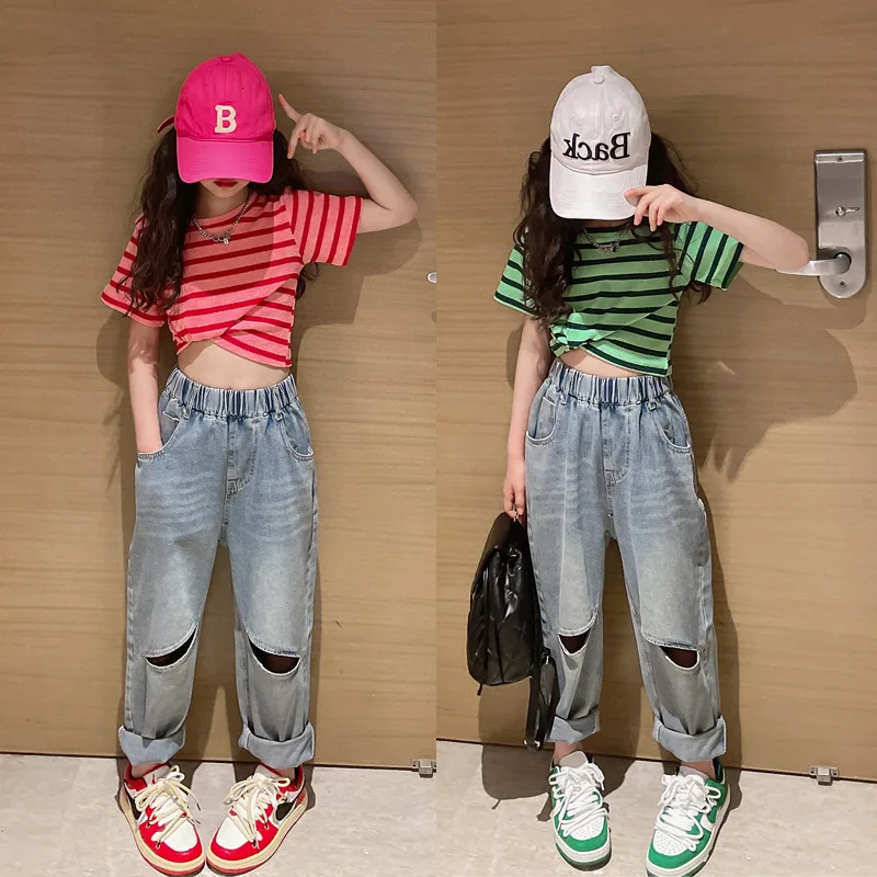 Teenage Summer Fashion Outfits Short Sleeve Striped T shirt+Jeans Girls Casual Style Streetwear Children Clothing Set 4 6 8 10 Y
Teenage Summer Fashion Outfits Short Sleeve Striped T shirt+Jeans Girls Casual Style Streetwear Children Clothing Set 4 6 8 10 Y