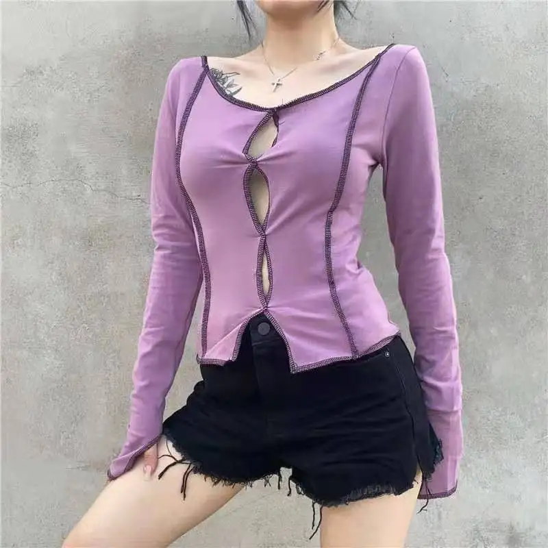 2023 Sexy Stitching Hollow Long-Sleeved T-shirt for Purple Top Hollow Out Slit Streetwear Slim Cotton Ladies Casual Patchwork
2023 Sexy Stitching Hollow Long-Sleeved T-shirt for Purple Top Hollow Out Slit Streetwear Slim Cotton Ladies Casual Patchwork