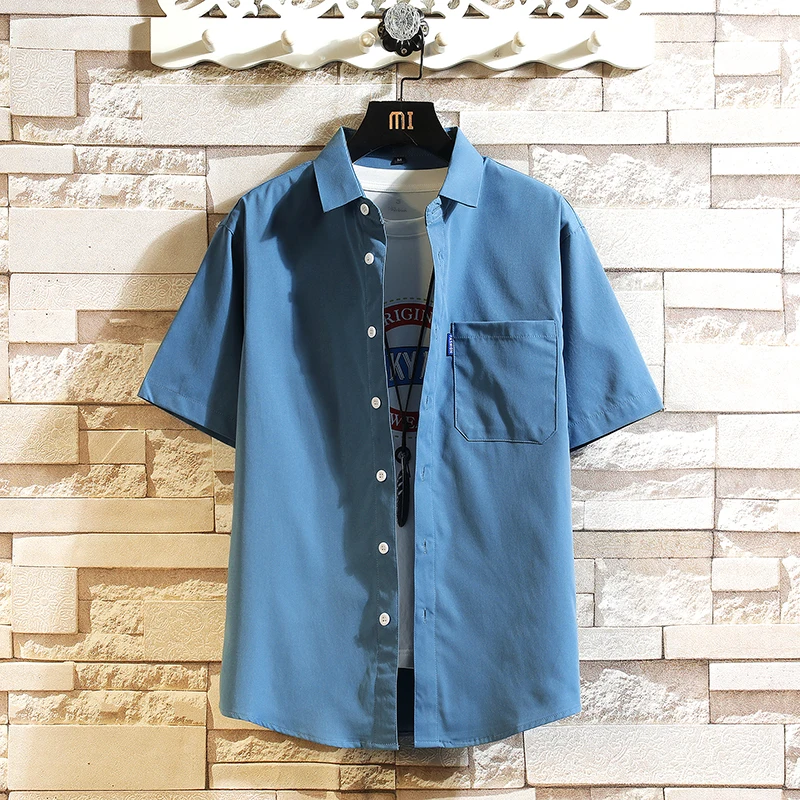 Рубашка мужская с отложным воротником, Повседневная Блузка с короткими рукавами, однотонная, в Корейском стиле, лето 2023 
Рубашка мужская с отложным воротником, Повседневная Блузка с короткими рукавами, однотонная, в Корейском стиле, лето 2023