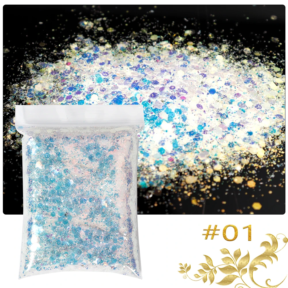 

1Bag=50g Glitter Holographic Mix Hexagon Sequin Nail Glitter Aurora Laser Glitter Flake Iridescent Spangles Slices Paillette &%