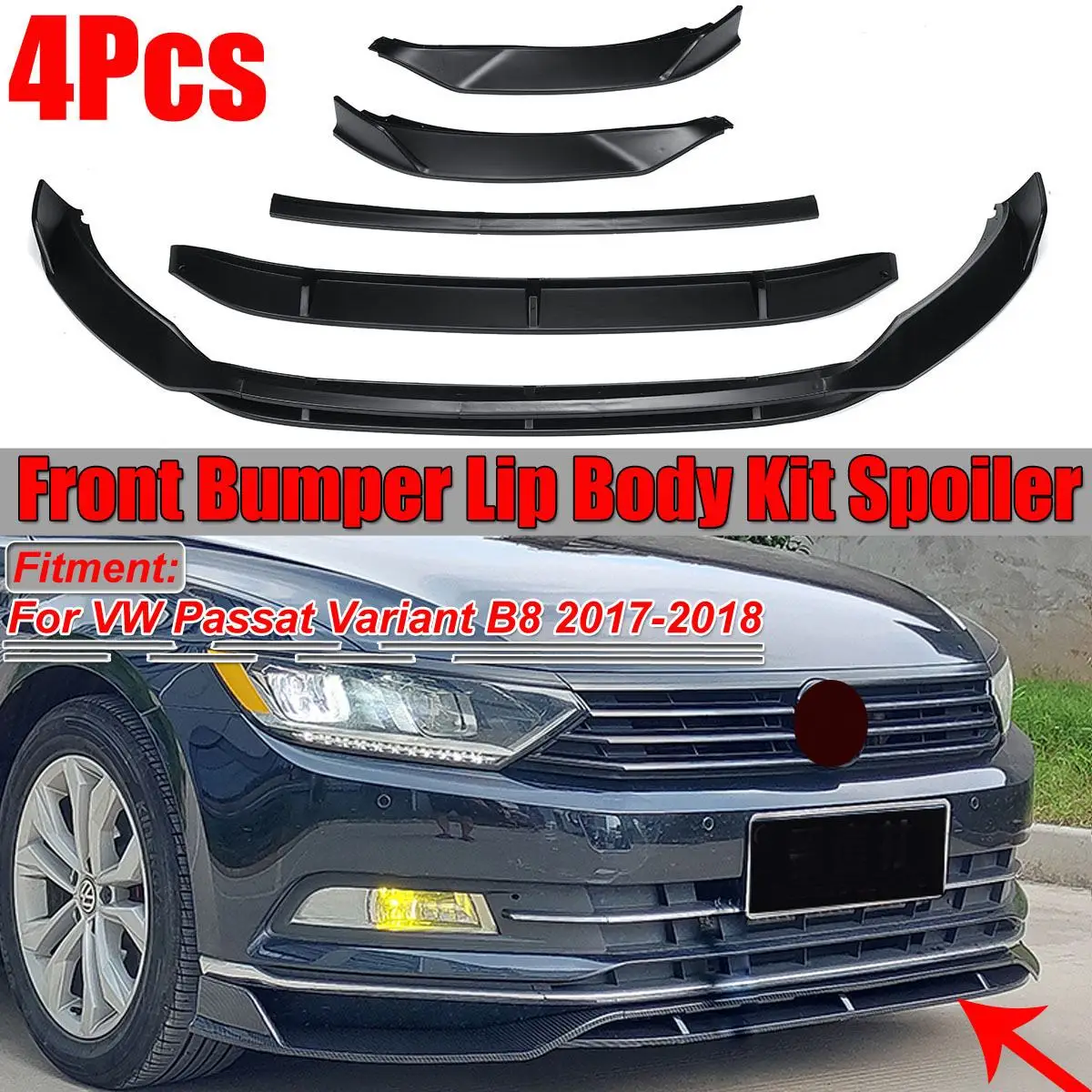 

4Pcs Carbon Fiber Look / Black Car Front Bumper Splitter Lip Spoiler Diffuser Cover Protector For VW Passat Variant B8 2017-2018