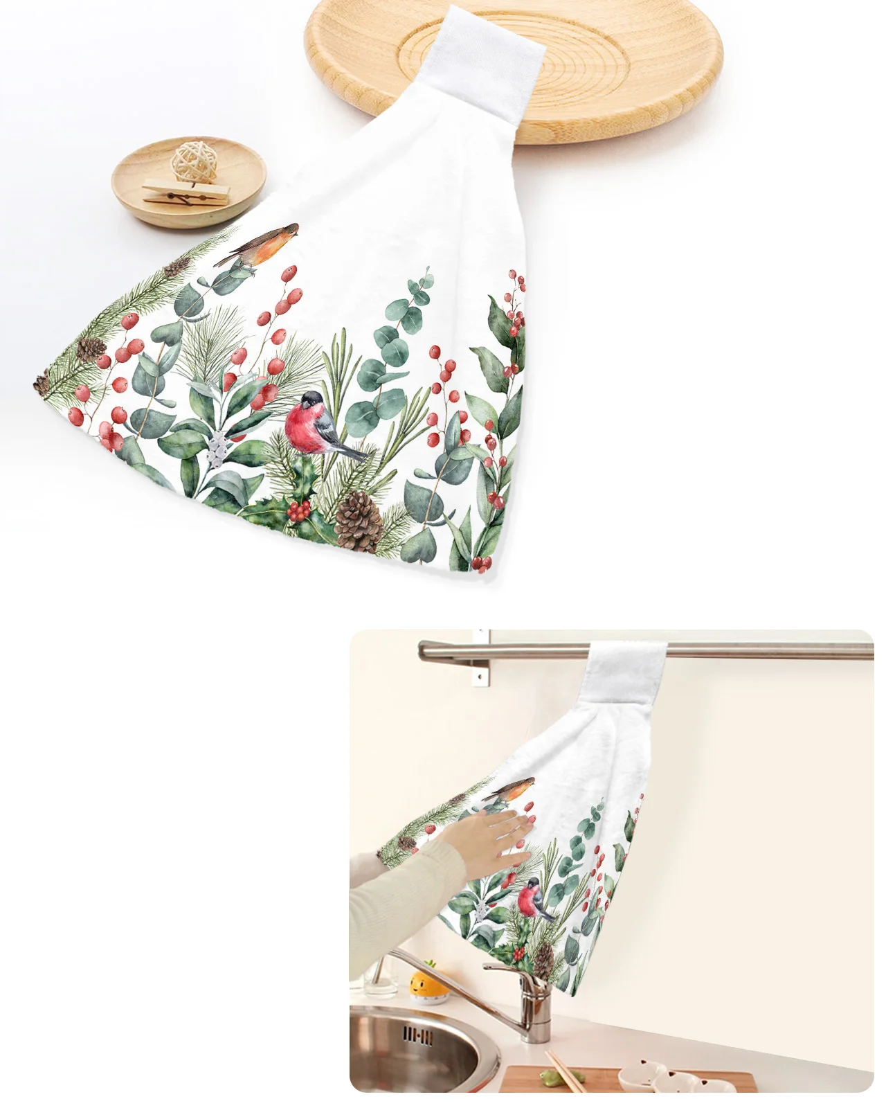 

Christmas Eucalyptus Berries Robin Hand Towels Home Kitchen Bathroom Hanging Dishcloths Loops Soft Absorbent Custom Wipe Towel