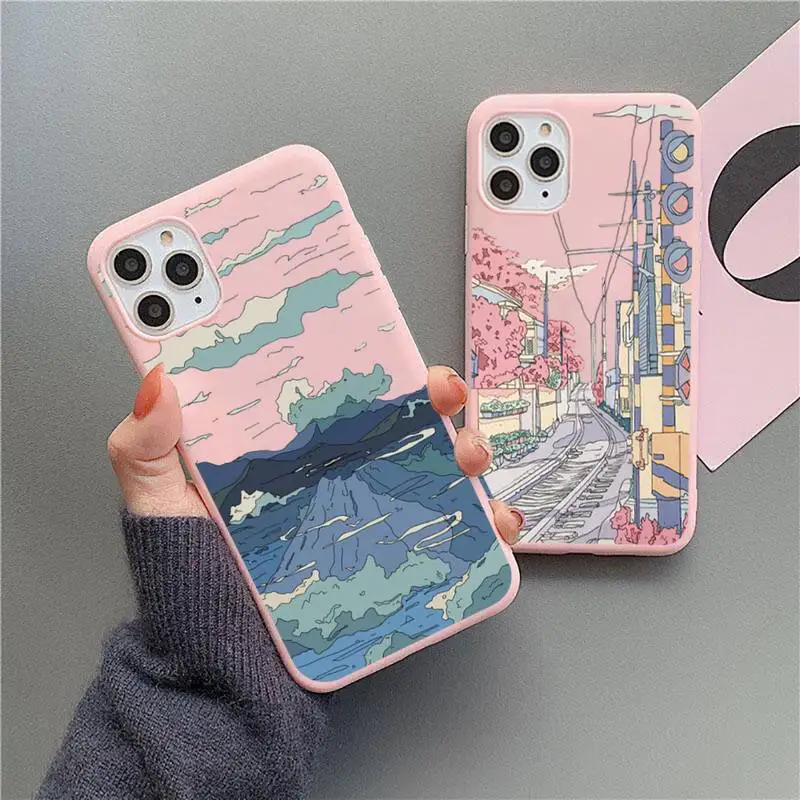 

Korean Sunset scenery Landscape Illustration Phone Case Candy Color for iPhone 6 7 8 11 12 13 s mini pro X XS XR MAX Plus