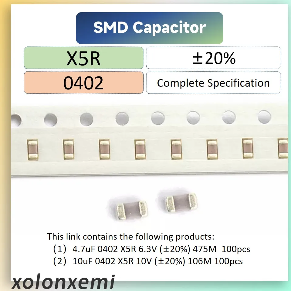 2kinds*100Pcs 0402 Chip Capacitor SMD X5R ±20% Ceramic 4.7uF6.3V 10uF10V Accept Customization
2kinds*100Pcs 0402 Chip Capacitor SMD X5R ±20% Ceramic 4.7uF6.3V 10uF10V Accept Customization