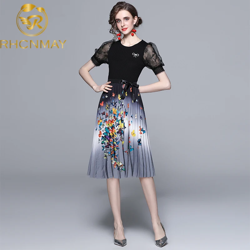 Spring Autumn Pleated Dress Fashion Women Knitted Patchwork Flower Print Long Sleeve Office One-Piece Sweater Dresses With Belt
Spring Autumn Pleated Dress Fashion Women Knitted Patchwork Flower Print Long Sleeve Office One-Piece Sweater Dresses With Belt